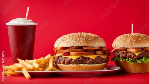 two big burgers with fries and drink on red studio background depicting junk food