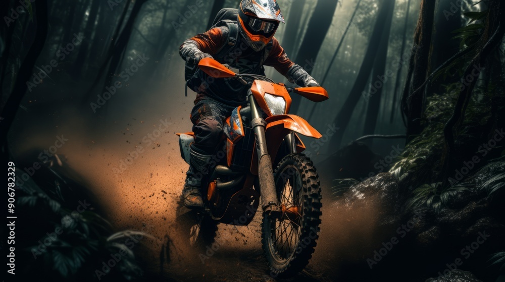 Motorcycle enduro racing motocross in forest downhill. Neural network ai generated art Motorcycle enduro racing motocross in forest downhill. Neural network ai generated art