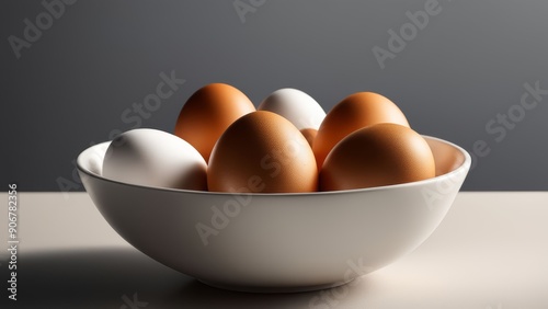 several eggs in a white bowl on the table