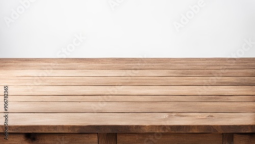 empty brown wooden table foreground isolated white wall background