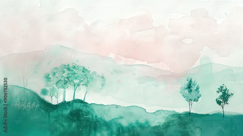 Fototapeta premium A tranquil landscape features soft hills and delicate trees, painted in pastel pink and green tones, evoking a calming atmosphere at dusk