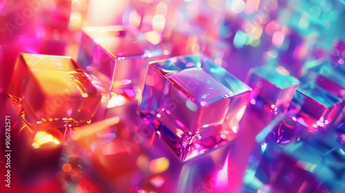 Abstract colorful glass cubes with vibrant reflections and bokeh lights.