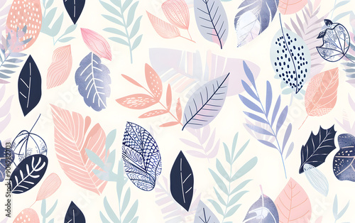 A colorful leafy pattern with pink, blue, and white flowers