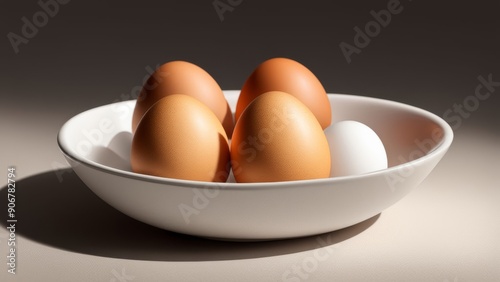 several eggs in a white bowl on the table