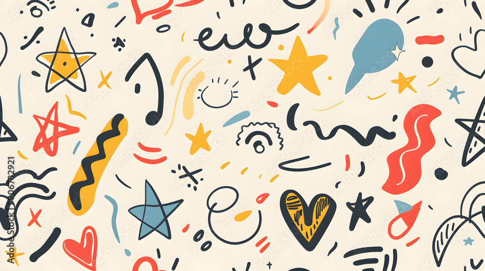 A colorful background with many different shapes and symbols, including stars A colorful background with many different shapes and symbols, including stars