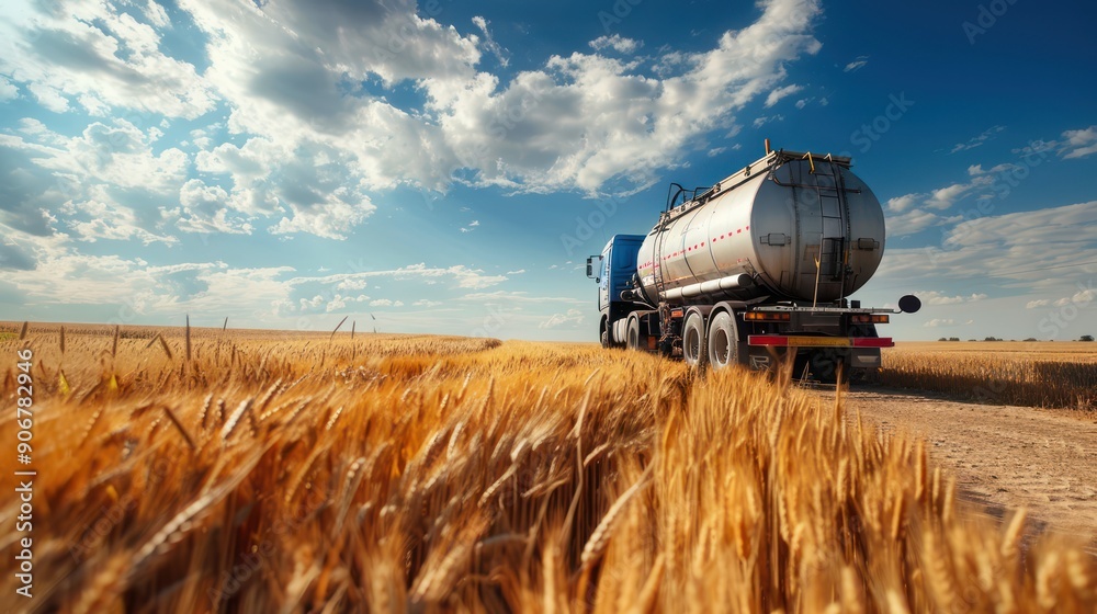 Fototapeta premium Truck with oil tank on wheat field