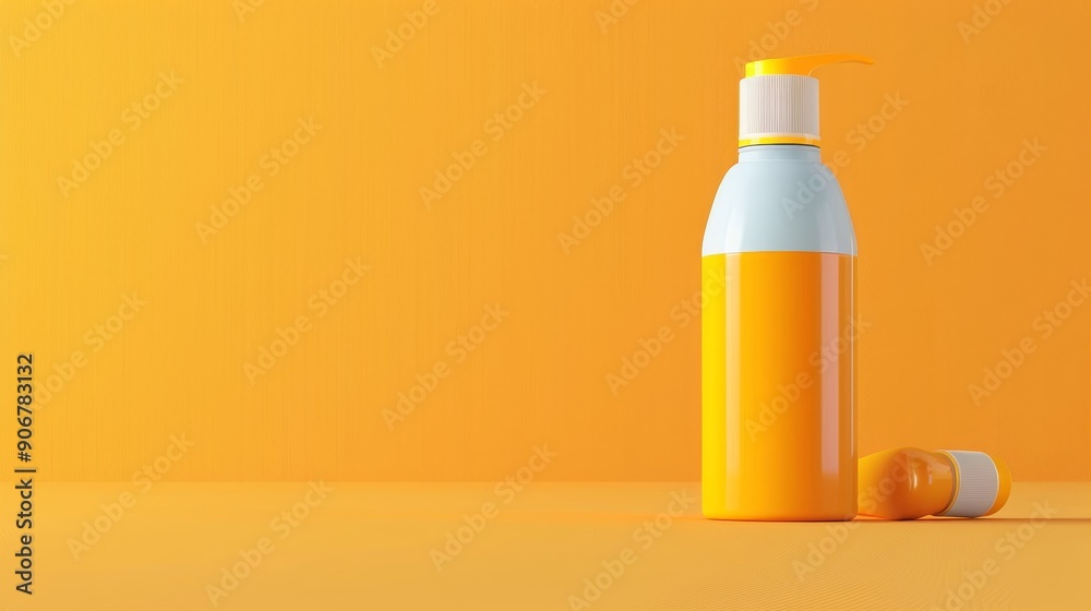 A single orange juice bottle with its cap off on a bright orange background. A single orange juice bottle with its cap off on a bright orange background.
