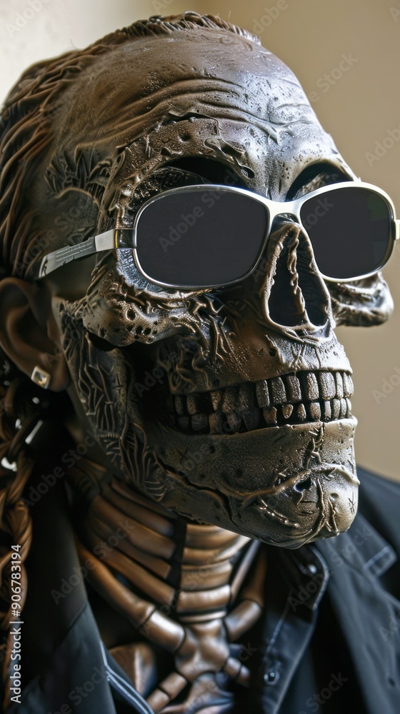 Intricate Skull Statue Adorned With Sunglasses Displaying Unique Artistry and Design Intricate Skull Statue Adorned With Sunglasses Displaying Unique Artistry and Design