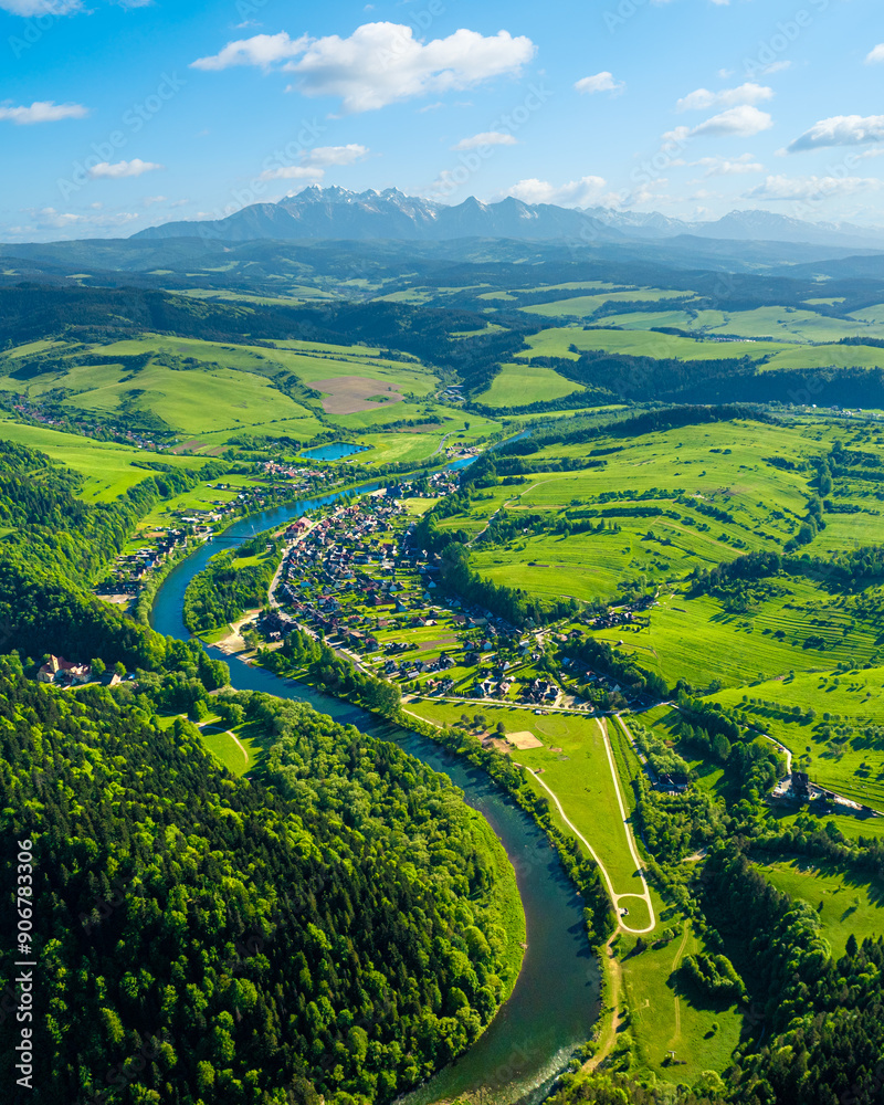 Mountain landscape in the Pieniny National Park at the foot of the Tatra Mountains. Pieniny Park is located on the border of Poland and Slovakia