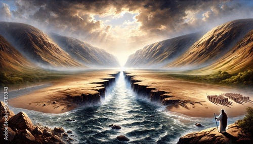 A dramatic painting of the parting of the Jordan River. The scene depicts the river split apart, creating a dry path through the center.