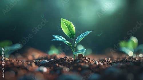 Closeup of a young green plant growing in rich soil, illuminated by sunlight. A symbol of new life, growth, and hope. photo