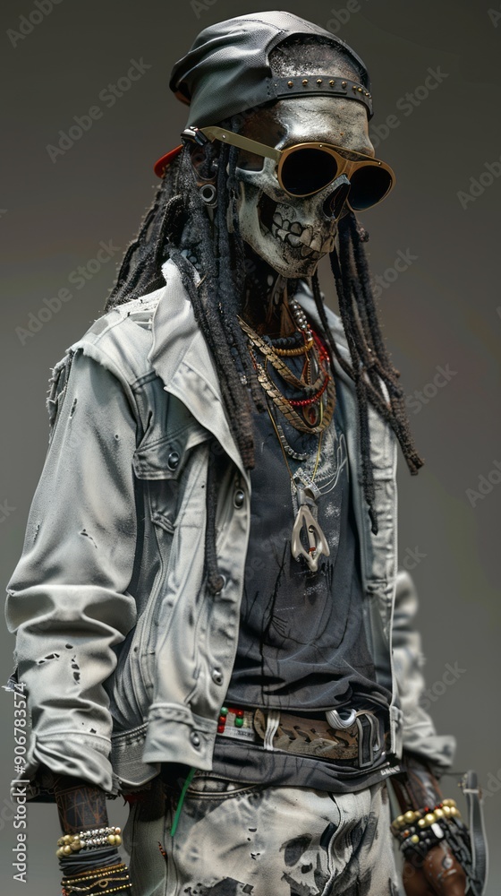 Skeleton Fashion Model Wearing Stylish Outerwear and Accessories in a Studio Setting Skeleton Fashion Model Wearing Stylish Outerwear and Accessories in a Studio Setting