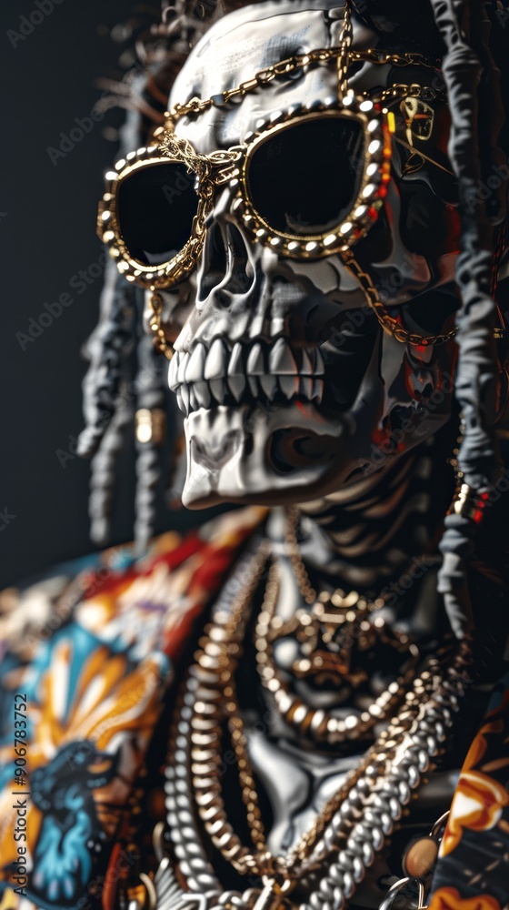 Stylish Skull Figure Wearing Sunglasses and Gold Jewelry in Urban Setting Stylish Skull Figure Wearing Sunglasses and Gold Jewelry in Urban Setting