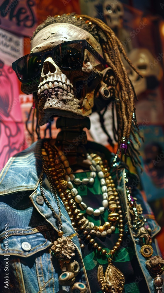 Obraz premium A DJ Skeleton Wearing Sunglasses and Beaded Necklaces in a Colorful Urban Setting
