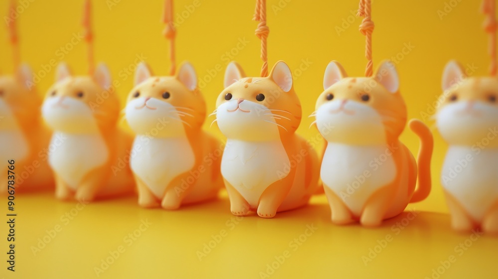 A row of adorable orange and white cat figurines against a yellow background. A row of adorable orange and white cat figurines against a yellow background.