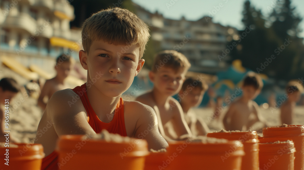 A boy in an orange shirt sits on the sand next to a pile of orange buckets A boy in an orange shirt sits on the sand next to a pile of orange buckets
