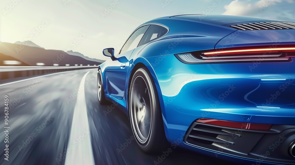 Naklejka premium Rear view of blue business car on high speed in turn. blue car rushing along a high-speed highway.
