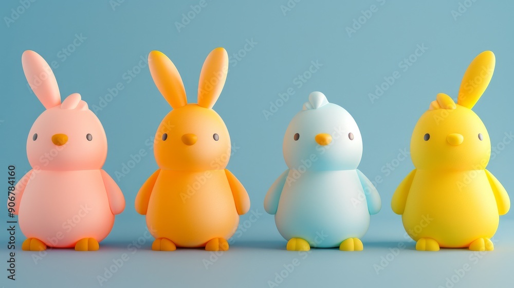 Four colorful Easter-themed figurines in a row against a light blue background. Four colorful Easter-themed figurines in a row against a light blue background.