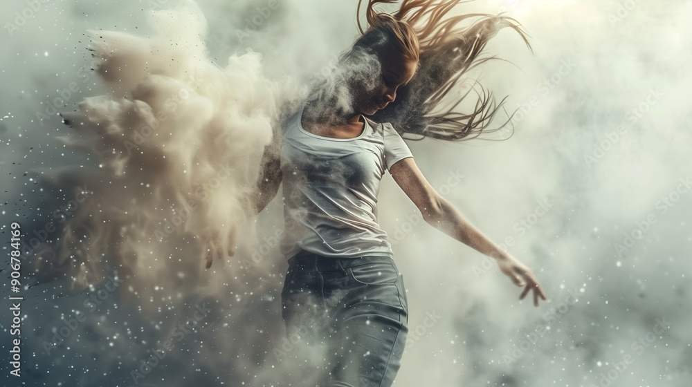 Concept. flexible girl dancing in cloud of dust. Concept. flexible girl dancing in cloud of dust.