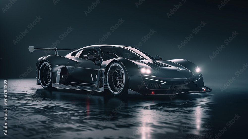 Naklejka premium Computer generated image of a sports car studio setup on a dark background.