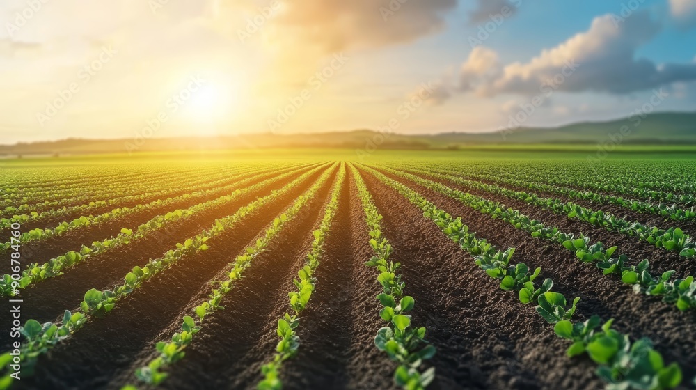 A vast field of crops basks in the golden glow of the setting sun, creating a picturesque scene of agricultural abundance.