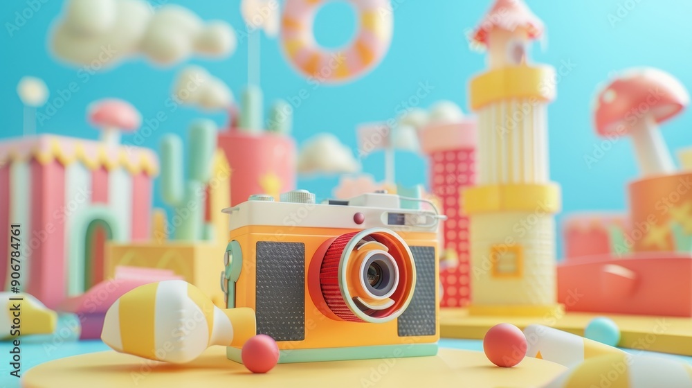 A colorful cartoon camera sits in a whimsical, candy-colored landscape. A colorful cartoon camera sits in a whimsical, candy-colored landscape.