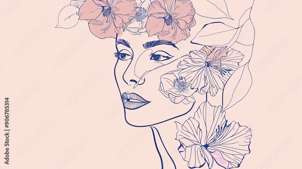 Women face in one line art style with flowers and leaves.Continuous line art in elegant style for prints, tattoos, posters, textile, cards etc. Beautiful woman face Vector illustration 