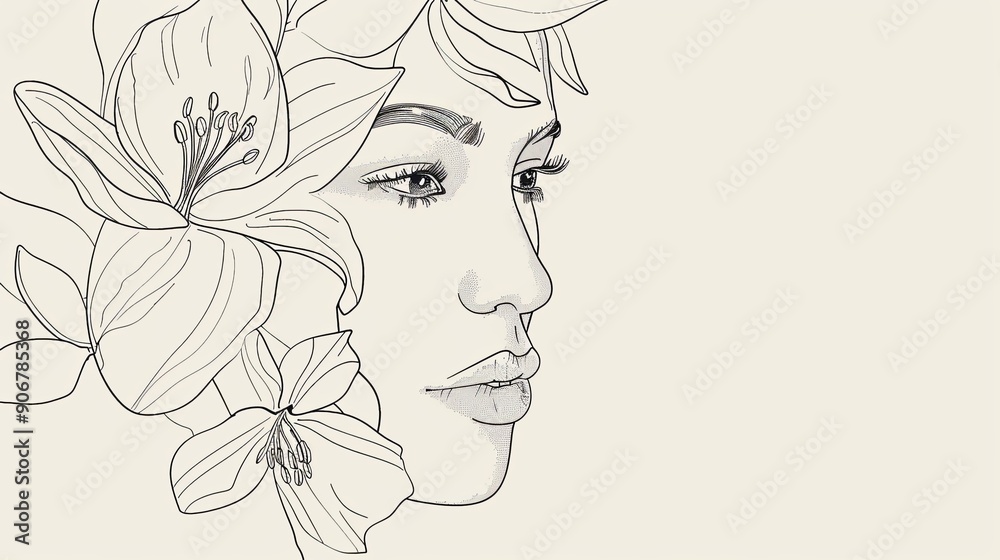 Women face in one line art style with flowers and leaves.Continuous line art in elegant style for prints, tattoos, posters, textile, cards etc. Beautiful woman face Vector illustration Women face in one line art style with flowers and leaves.Continuous line art in elegant style for prints, tattoos, posters, textile, cards etc. Beautiful woman face Vector illustration