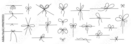 Line bow gift ribbon. Strings for parcel wrap silhouette icons, black line art rope cord with simple knot and bow for birthday or Christmas present package decoration. Vector doodle nodes isolated set
