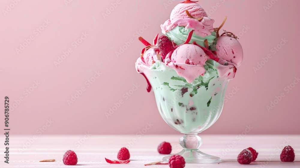 A vibrant ice cream sundae features pink and green scoops, topped with raspberries and garnished with colorful swirls, set against a soft pink background A vibrant ice cream sundae features pink and green scoops, topped with raspberries and garnished with colorful swirls, set against a soft pink background
