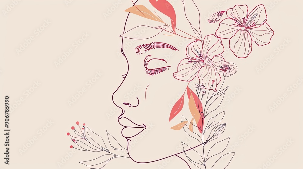 Women face in one line art style with flowers and leaves.Continuous line art in elegant style for prints, tattoos, posters, textile, cards etc. Beautiful woman face Vector illustration Women face in one line art style with flowers and leaves.Continuous line art in elegant style for prints, tattoos, posters, textile, cards etc. Beautiful woman face Vector illustration