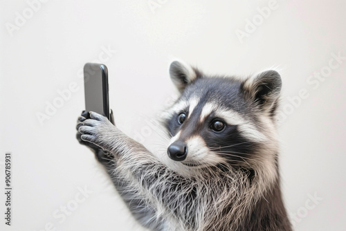 Close-up of an adult raccoon with a phone in his hand, taking a selfie against a white background. Cute animal image in a minimalist style. photo