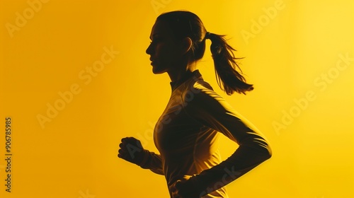 Sporty woman runner in silhouette on yellow background. photo of attractive woman in fashionable sportswear. dynamic movement. side view. sport and healthy lifestyle.