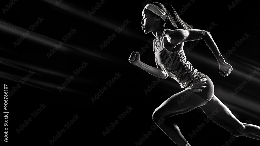 Sport concept. black and white photo. a strong athletic women sprinter running isolated on black wearing in the sportswear fitness and sport motivation. runner concept. Sport concept. black and white photo. a strong athletic women sprinter running isolated on black wearing in the sportswear fitness and sport motivation. runner concept.