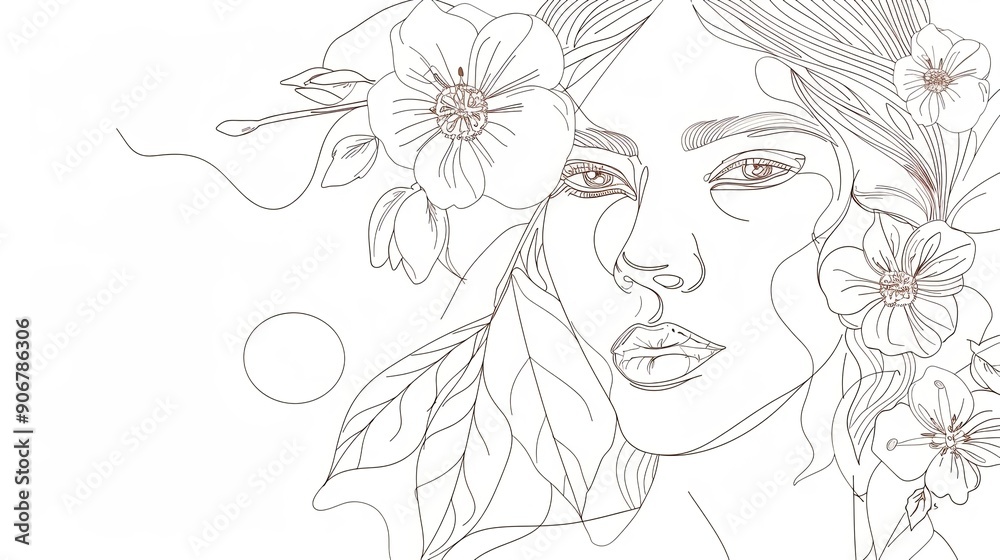 Women face in one line art style with flowers and leaves.Continuous line art in elegant style for prints, tattoos, posters, textile, cards etc. Beautiful woman face Vector illustration Women face in one line art style with flowers and leaves.Continuous line art in elegant style for prints, tattoos, posters, textile, cards etc. Beautiful woman face Vector illustration