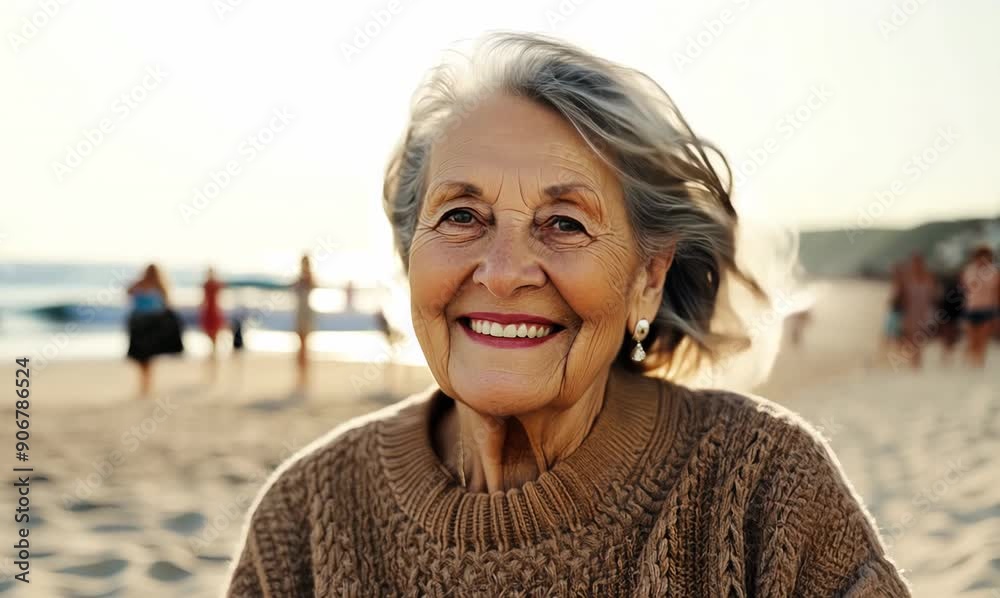 Portrait video of a satisfied Brazilian woman in her 90s wearing a cozy sweater against a beach background 