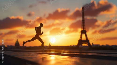 A runner is running in front of the Eiffel Tower at sunset. Concept of determination and energy as the runner pushes through the finish line photo