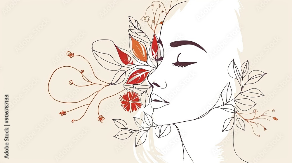 Women face in one line art style with flowers and leaves.Continuous line art in elegant style for prints, tattoos, posters, textile, cards etc. Beautiful woman face Vector illustration