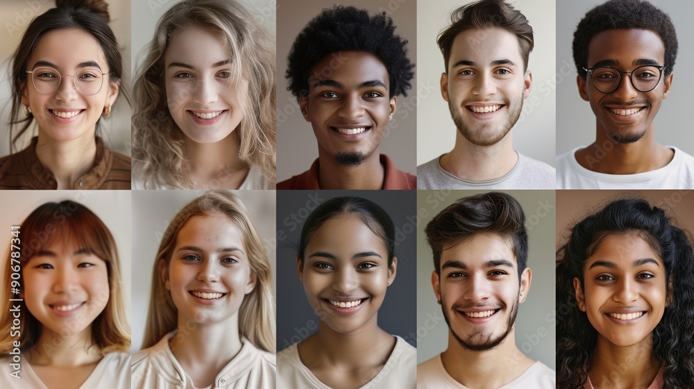Collage of portraits and faces of multiracial millennial group of various smiling young people good use for userpic and profile picture. diversity concept. Collage of portraits and faces of multiracial millennial group of various smiling young people good use for userpic and profile picture. diversity concept.