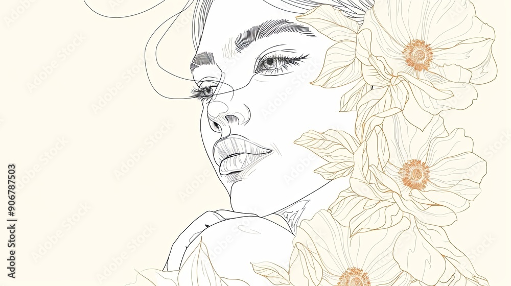 Women face in one line art style with flowers and leaves.Continuous line art in elegant style for prints, tattoos, posters, textile, cards etc. Beautiful woman face Vector illustration Women face in one line art style with flowers and leaves.Continuous line art in elegant style for prints, tattoos, posters, textile, cards etc. Beautiful woman face Vector illustration