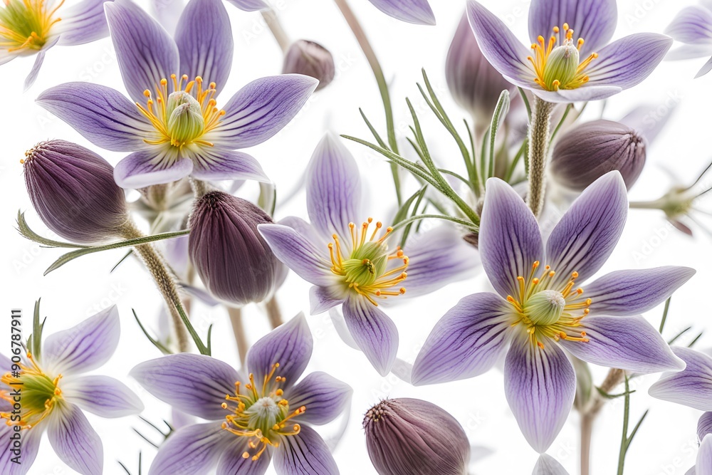 Fototapeta premium Pasque flowers white background, Ai Generated