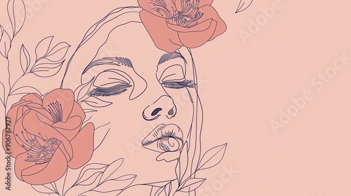 Women face in one line art style with flowers and leaves.Continuous line art in elegant style for prints, tattoos, posters, textile, cards etc. Beautiful woman face Vector illustration