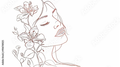 Women face in one line art style with flowers and leaves.Continuous line art in elegant style for prints, tattoos, posters, textile, cards etc. Beautiful woman face Vector illustration