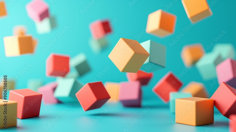 Colorful cubes floating in mid-air against a blue background.