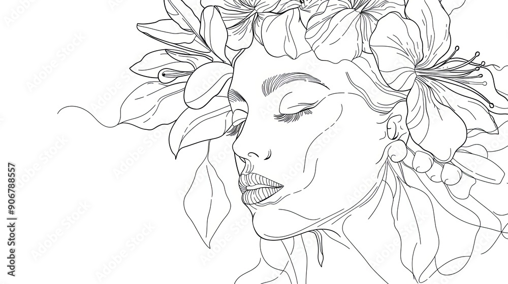 Women face in one line art style with flowers and leaves.Continuous line art in elegant style for prints, tattoos, posters, textile, cards etc. Beautiful woman face Vector illustration Women face in one line art style with flowers and leaves.Continuous line art in elegant style for prints, tattoos, posters, textile, cards etc. Beautiful woman face Vector illustration