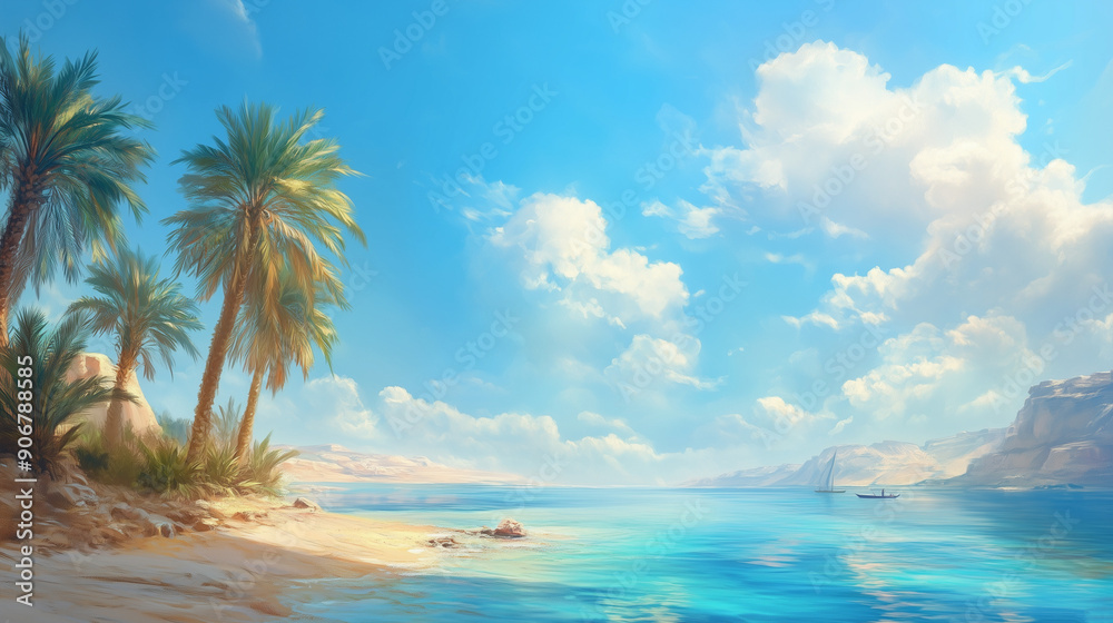 Obraz premium ancient, nile river, illustration, Egypt, historical, waterway, civilization, nature, landscape, riverbank, ancient Egypt