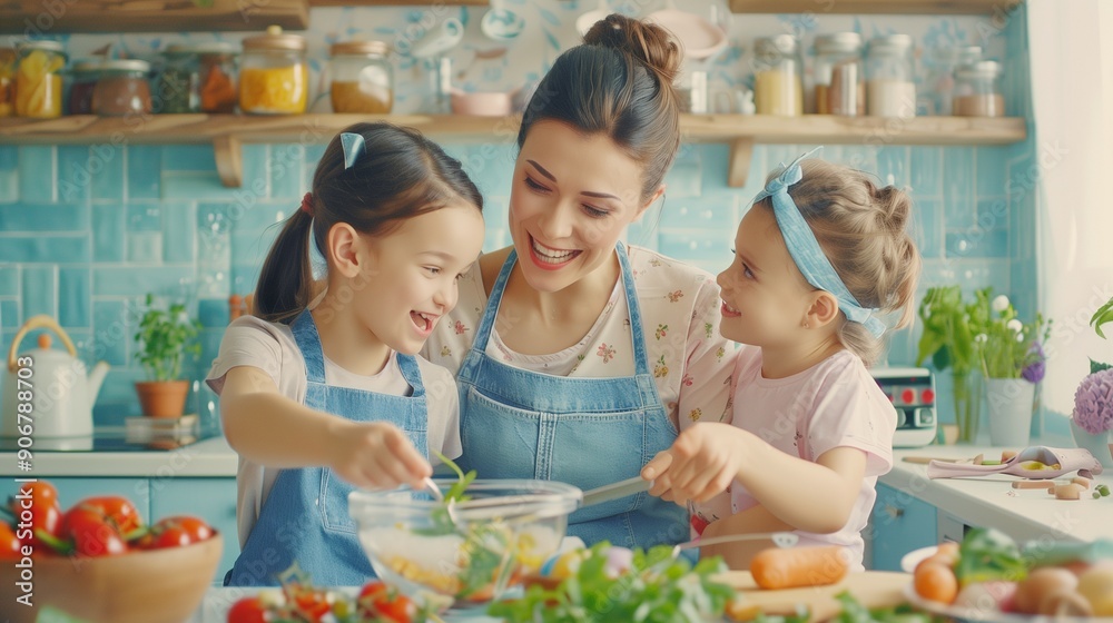 Naklejka premium Happy mother and children in the kitchen. healthy food family cooking concept.