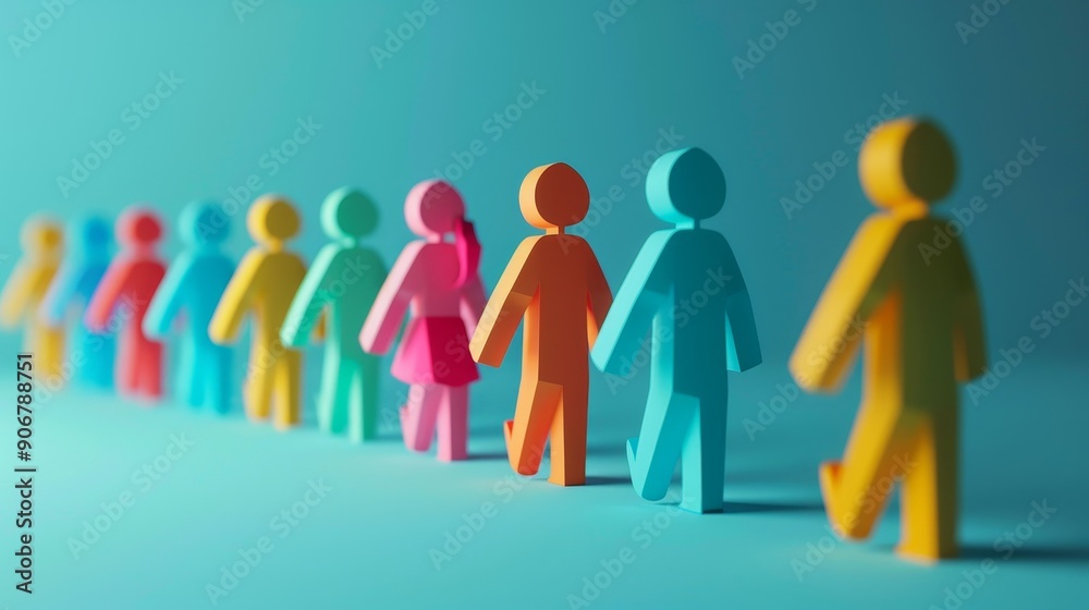 A line of colorful figures standing in a row, symbolizing unity, community, and teamwork. A line of colorful figures standing in a row, symbolizing unity, community, and teamwork.