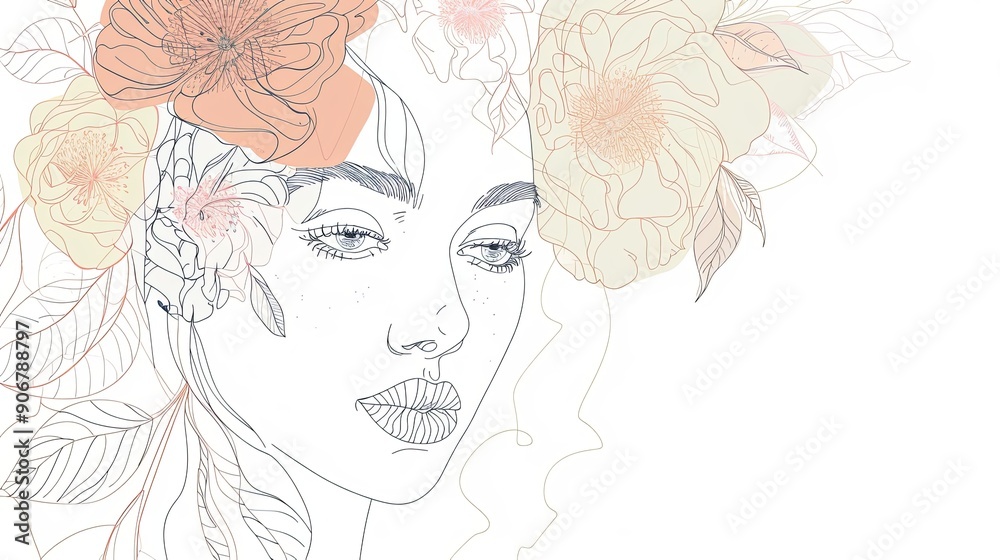 Women face in one line art style with flowers and leaves.Continuous line art in elegant style for prints, tattoos, posters, textile, cards etc. Beautiful woman face Vector illustration Women face in one line art style with flowers and leaves.Continuous line art in elegant style for prints, tattoos, posters, textile, cards etc. Beautiful woman face Vector illustration