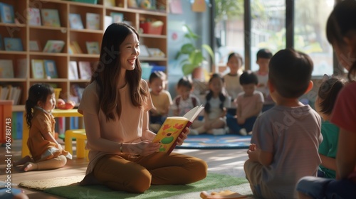 Asian female teacher teaching mixed race kids reading book in classroomkindergarten pre school concept. photo